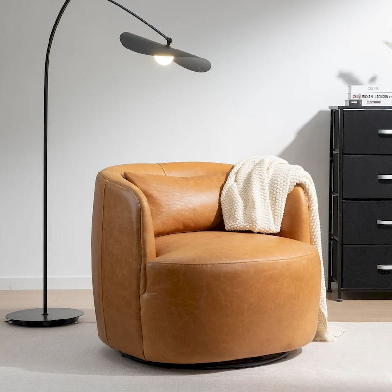 KINWELL Modern Top Grain Genuine Leather Swivel Armchair with Pillow