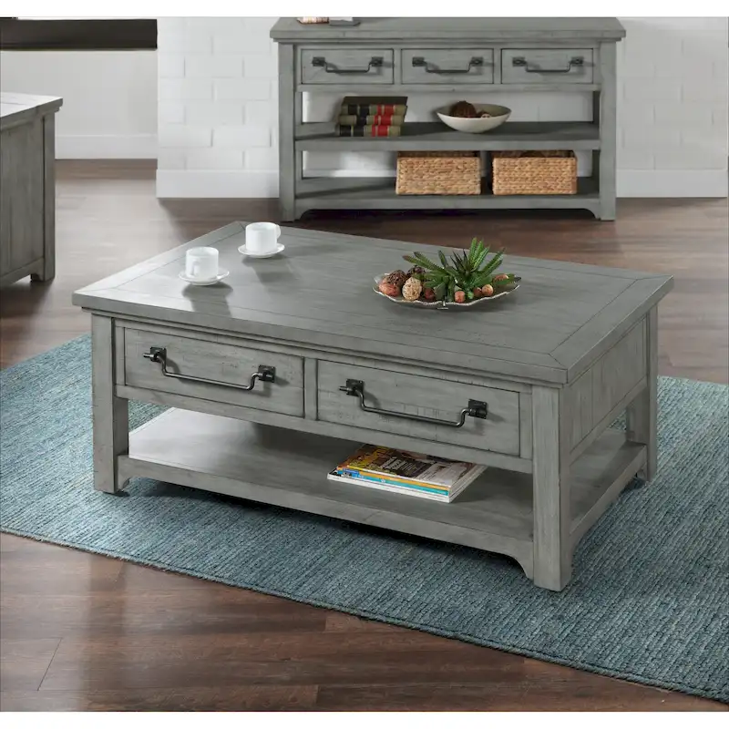 2-Drawer Solid Pine Coffee Table – Dove Grey, Coastal Style, Single