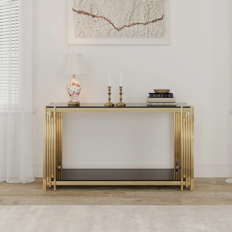 Narrow 2-tier Console Table with Gold Finished Metal Frame and Tempered Glass Top