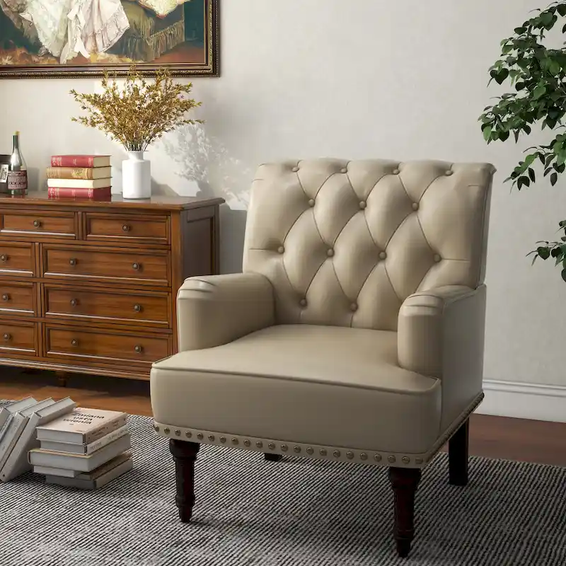 Button-Tufted PU Leather Accent Chair, Black/Brown/Beige, Nailhead Trim, Seats 1