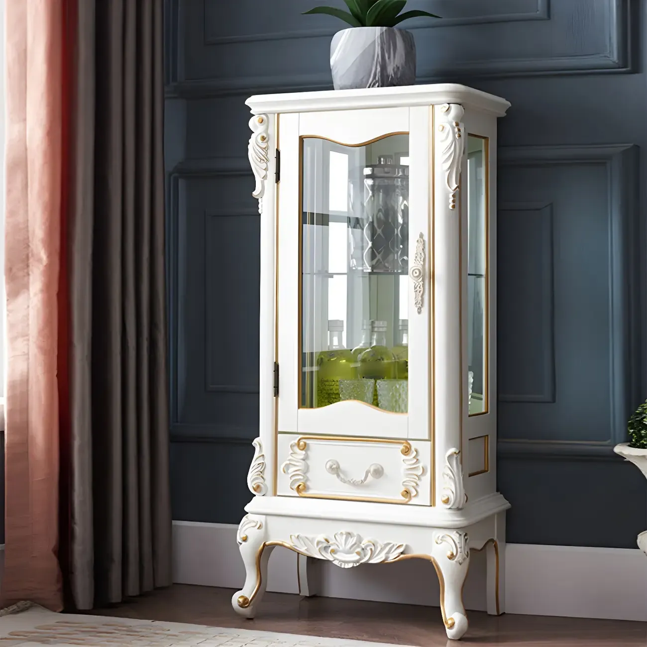 Classic Wood White Glass Door Display Cabinet with Drawer