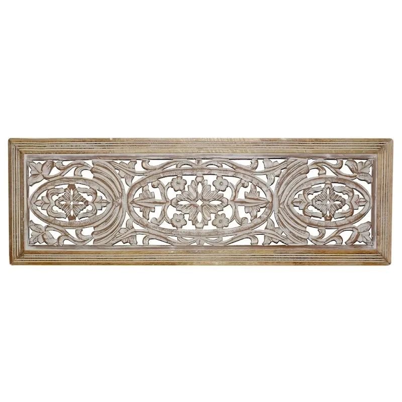 Rectangular Mango Wood Wall Panel Hand Crafted With Intricate Carving, White and Brown