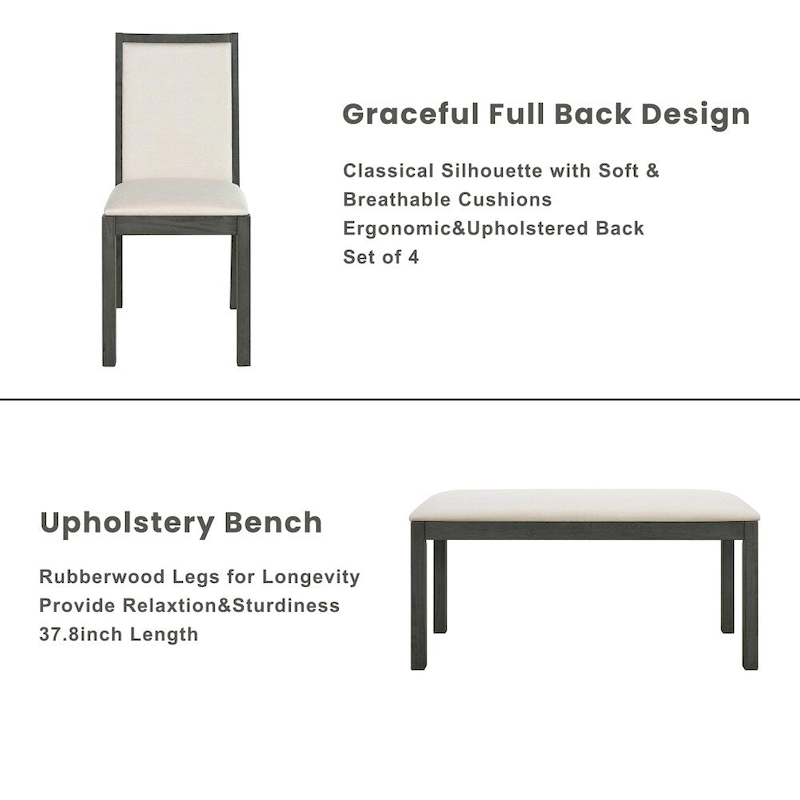 6-Piece Farmhouse Dining Table Set with 4 Upholstered Chairs and Bench