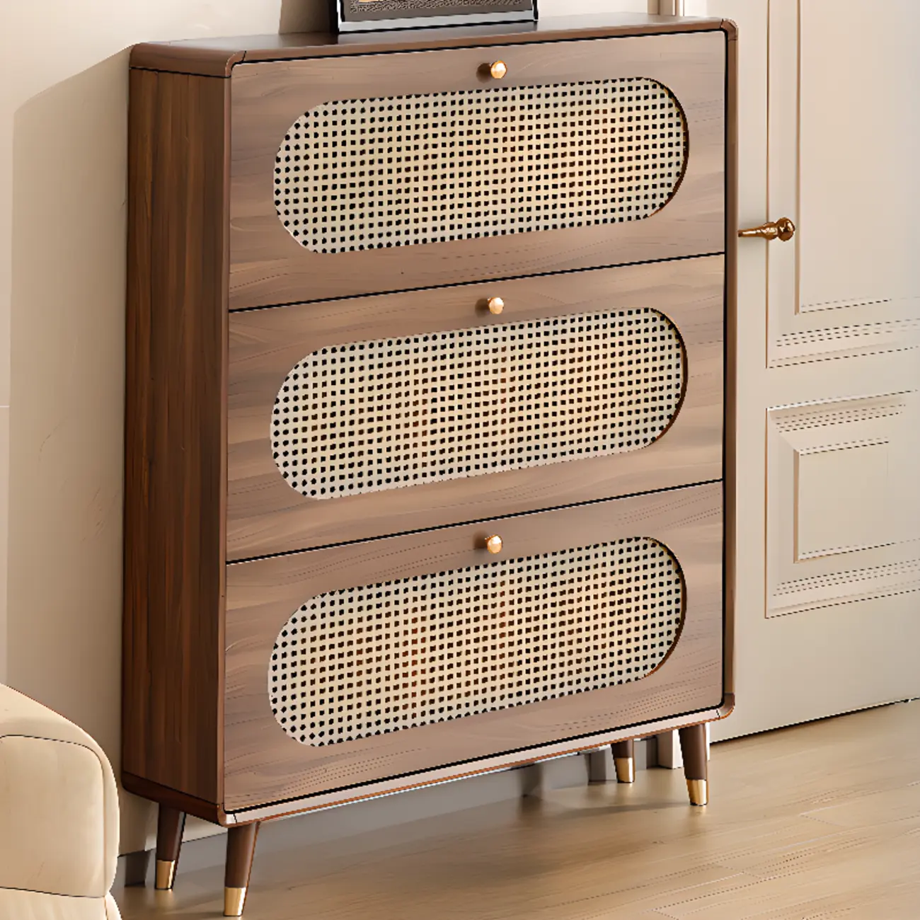 Bohemian Slim Brown Drop-Front Wood Shoe Cabinet