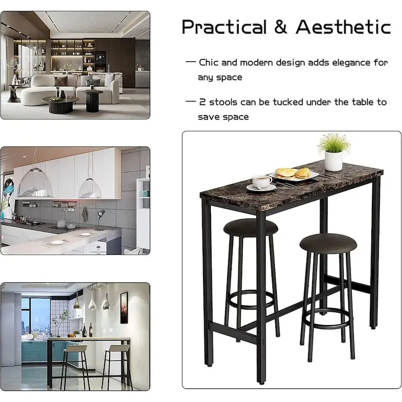 3 Piece Kitchen Pub Dining Set, Modern Faux Marble Counter Height Bistro Bar Table Set with 2 PU Leather Bar Stools