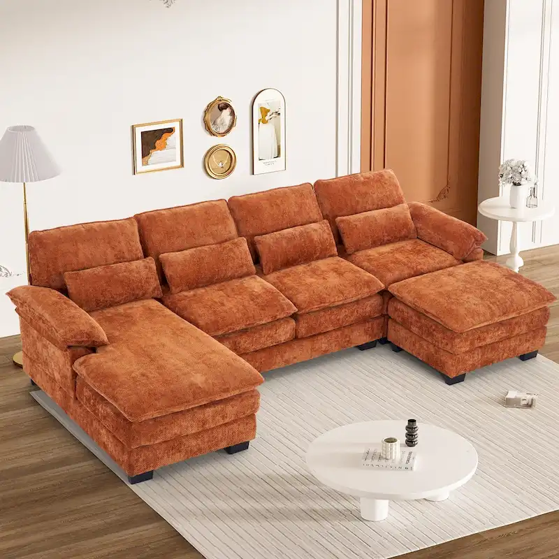 Ouyessir Soft Chenille Fabric U-shaped Sectional Sofa Set with Doudle Layer Cushion