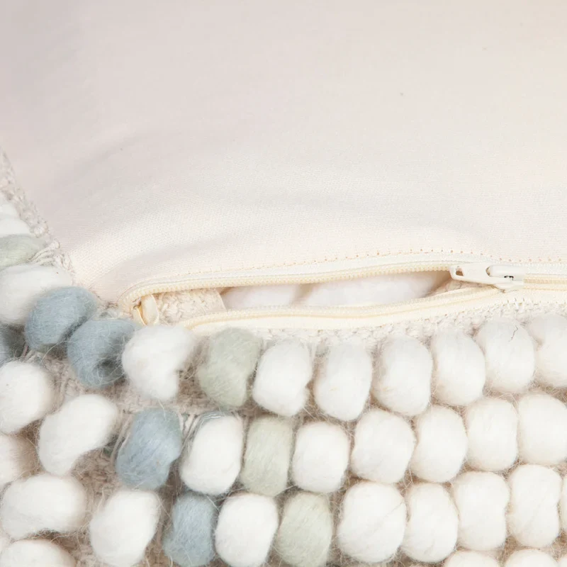 Cream/Grey/Teal Wool & Cotton Round Pouf Ottoman, 24