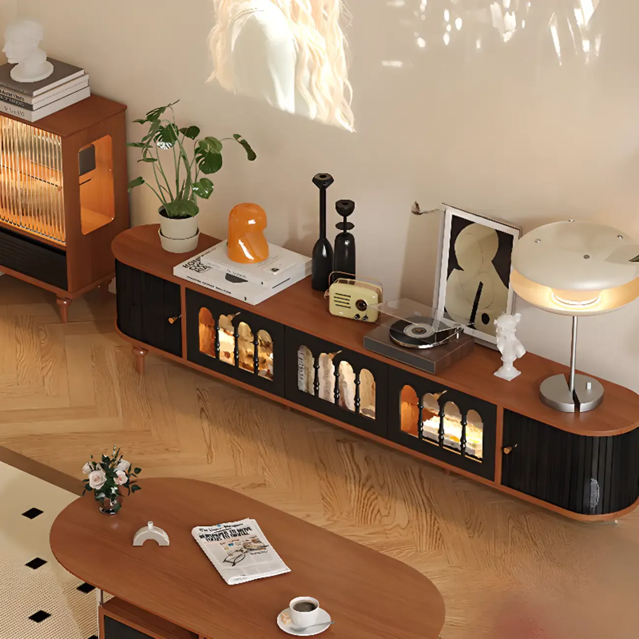 Warm Shaker Wood TV Stand with Cable Management & Light & 4-Cabinet/5 Cabinets/6 Cabinets