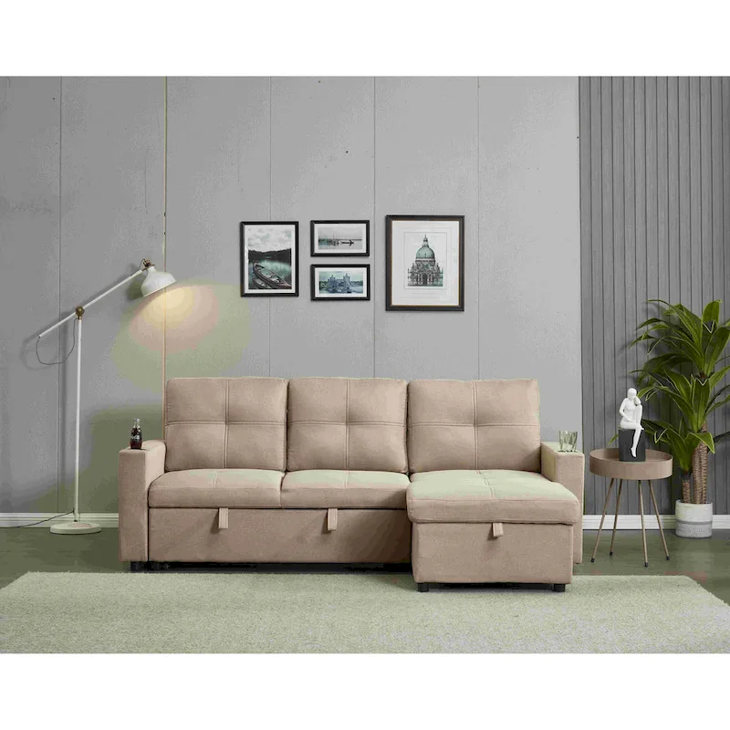 Linen Sectional Sofa Reversible Chaise with Pull out Sleeper