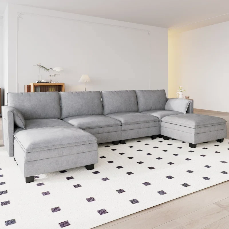 Christopher Knight Home - Noah 141.5  U-Shaped 6-Seater Sofa Couch with Movable Ottoman and Armrest Pockets, Fabric Upholstery