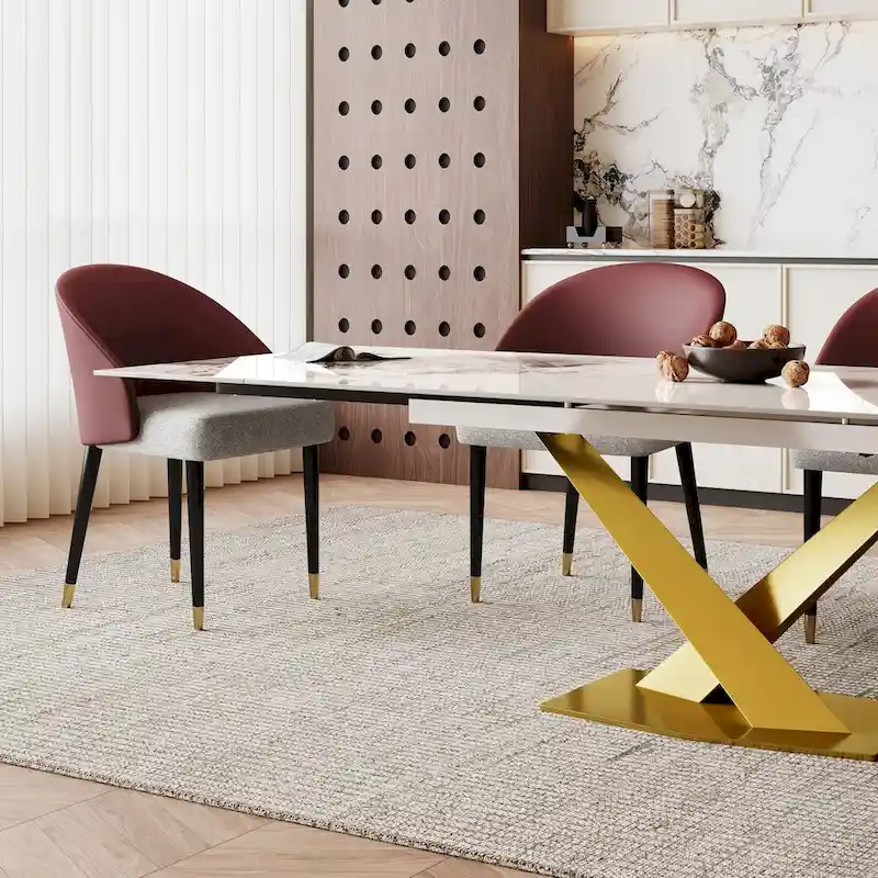 9 - Piece 94.48 Rectangular Extendable Sintered Stone Dining Table with 8 Faux leather Chairs Dining Set