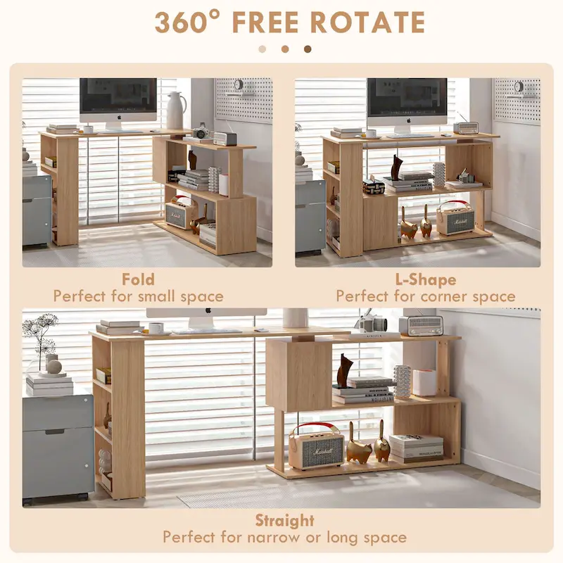 L-Shaped Computer Desk with Shelves - Brown Wood