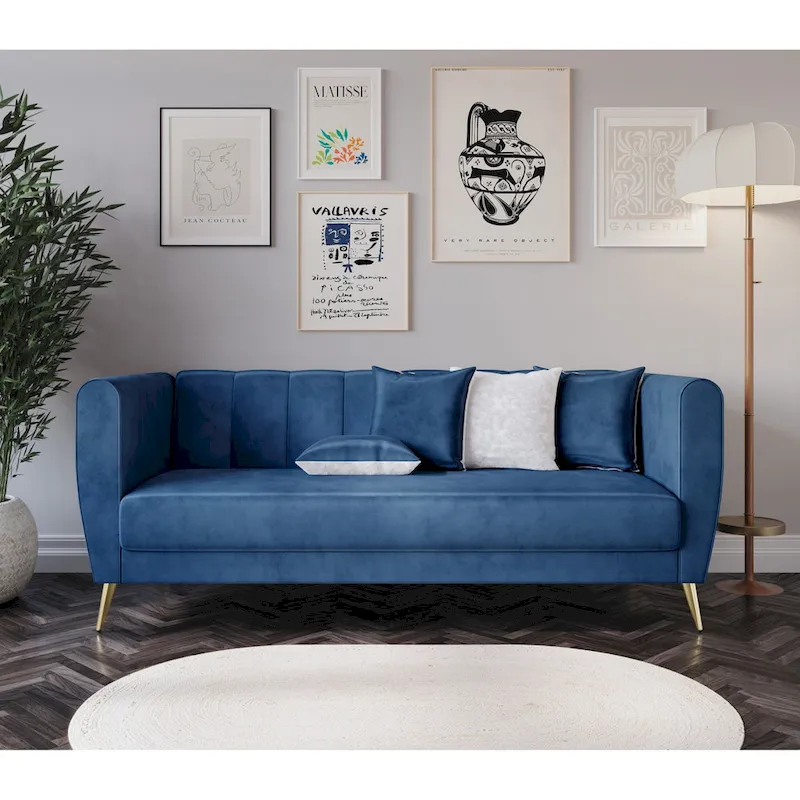 Scarlett Velvet Flared Arm 3-Seater Sofa with 4 Throw Pillow