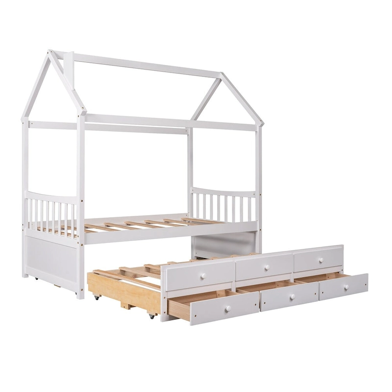 Twin Wooden House Bed with Pull-Out Trundle and Additional Drawers