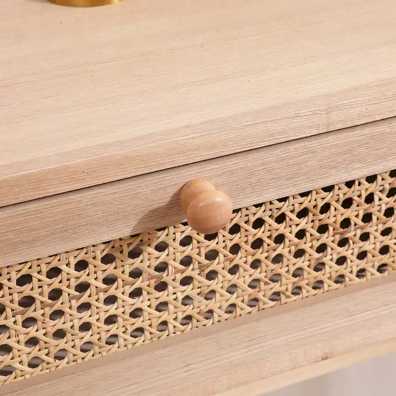 Side table with two real rattan drawers, solid wood table legs,can be used in the dining room, living room,bedroom