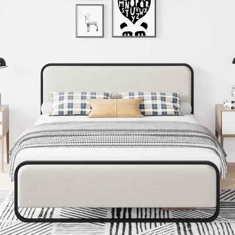 Bed Frame with Upholstered Headboard and Footboard