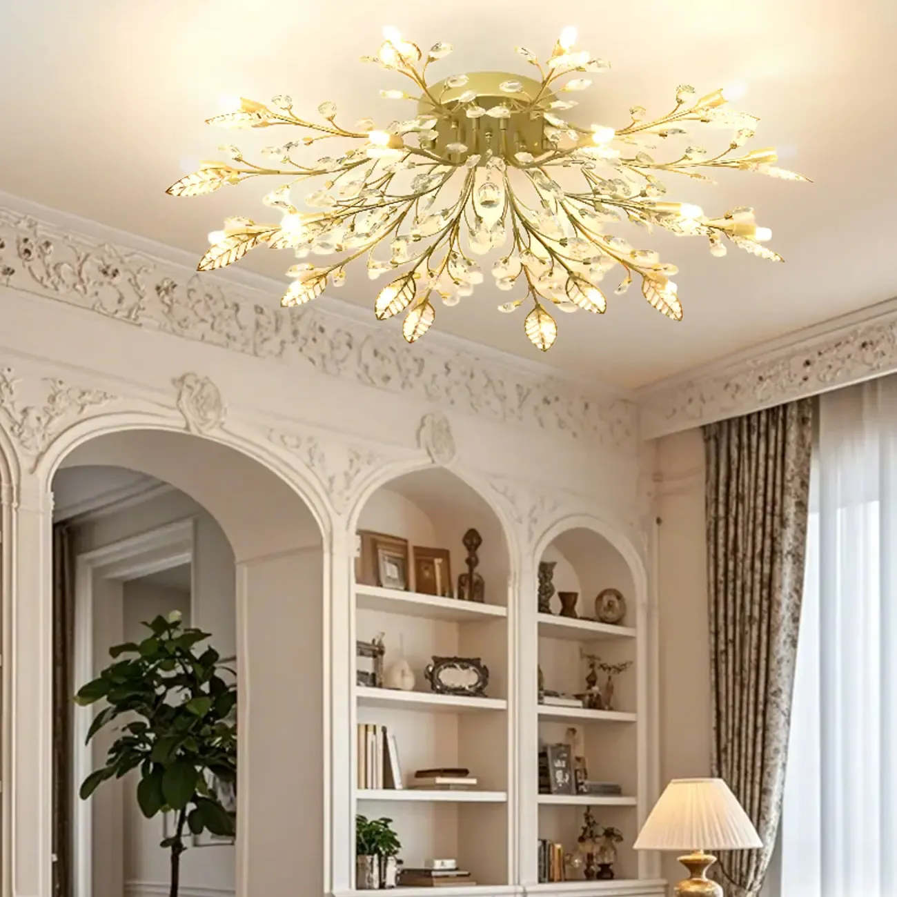 Elegant Golden Branch Crystal Semi Flush Ceiling Light