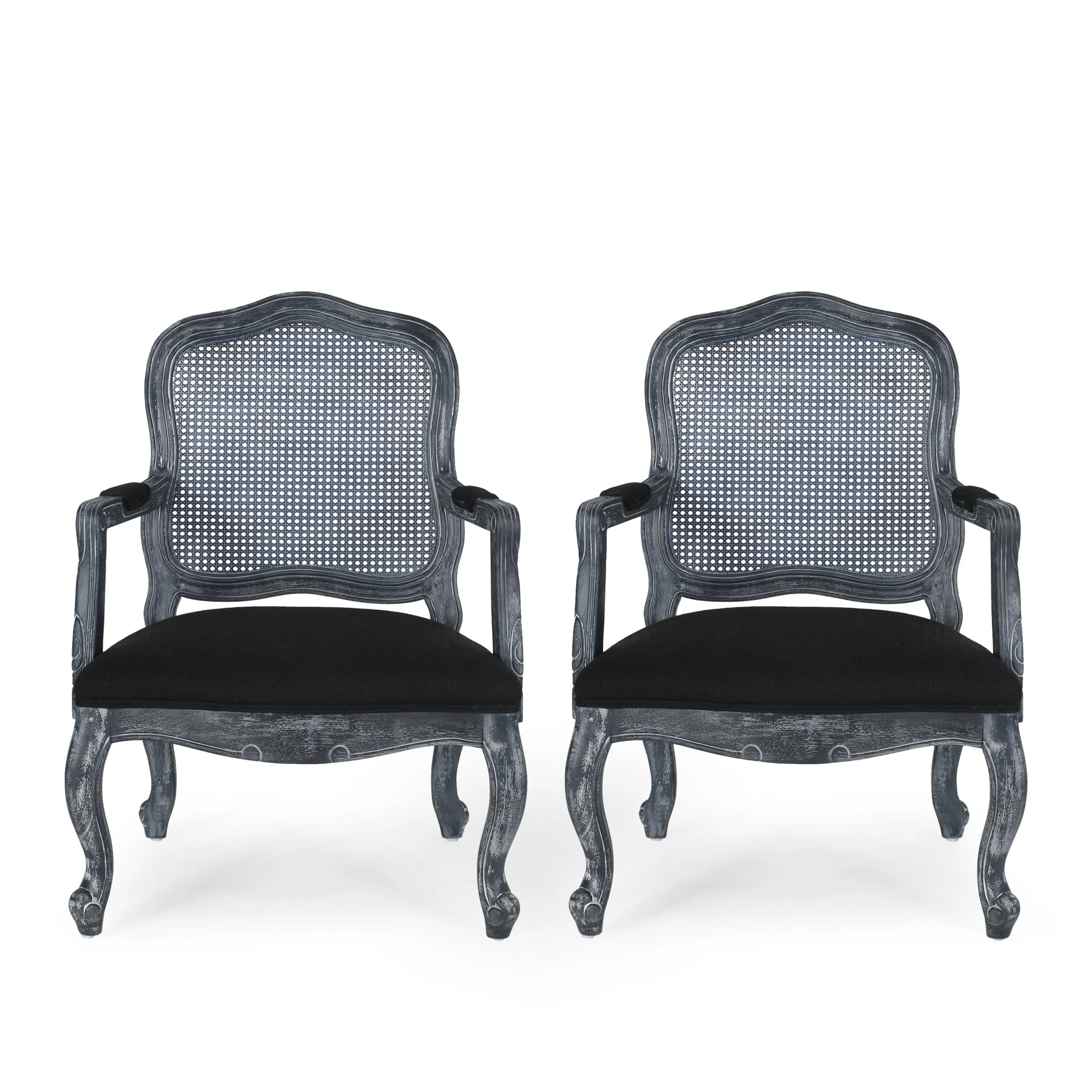 French Country Wood and Cane Upholstered Dining Armchair - NH542513