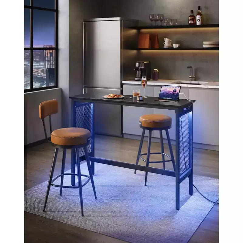 VASAGLE Bar Table, 47.2 Narrow Long Bar Table, Cocktail Tall Table with LED Lights, Built-in Power Outlets, Mesh Panels, Black and Matte Black