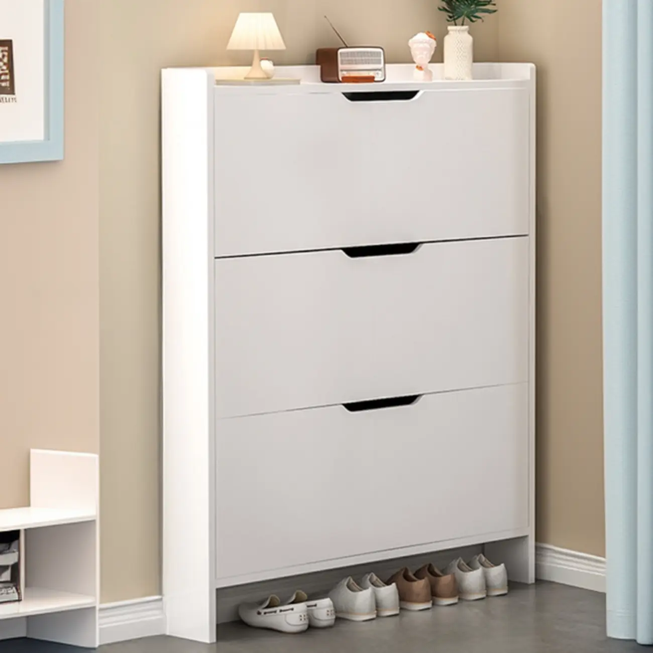 Efficient Minimalist Drop-Front Wood Adjustable Shoe Cabinet