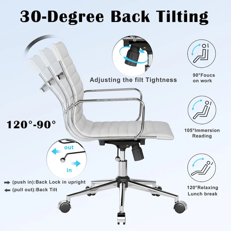 Ribbed Leatherite Office Chair with Chrome Frame, L-Shaped Arms and Swivel Base – Grey / White / Terracotta / Green / Brown / Black / Navy Blue / Gold & Navy Blue / Gold & Black / Gold & White, for 1 Person