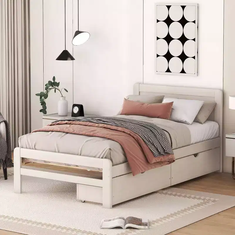 Gray / Walnut / White Washed Twin Upholstered Platform Bed with Trundle & 2 Drawers, Sleeps 1