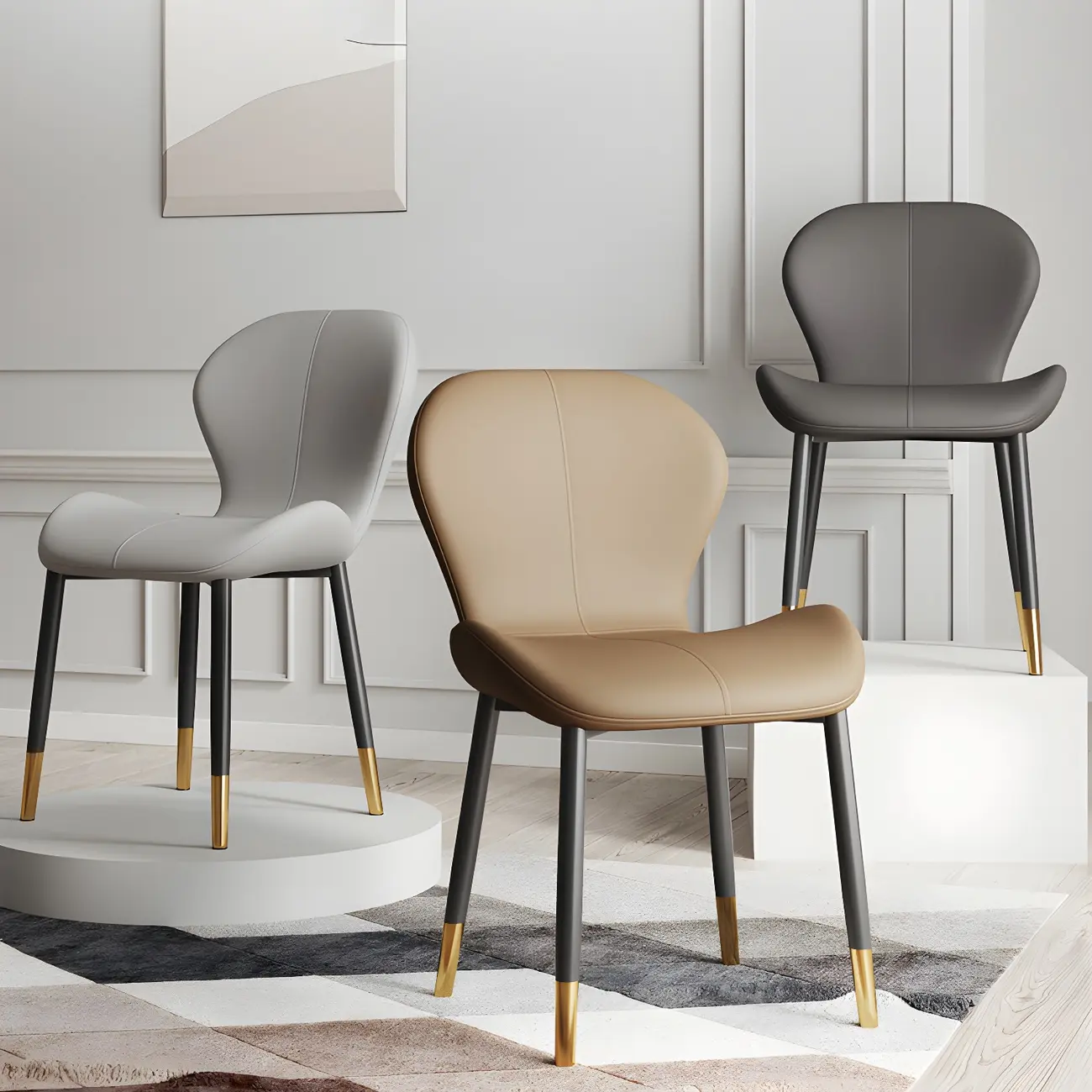 Art Deco Curved Back Leather Dining Chair Solid Back