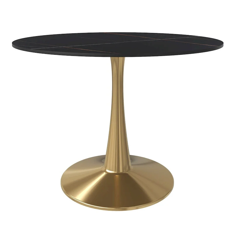 LeisureMod Round Dining Table 40 Sintered Stone Tabletop in Gold Steel Bistro Series