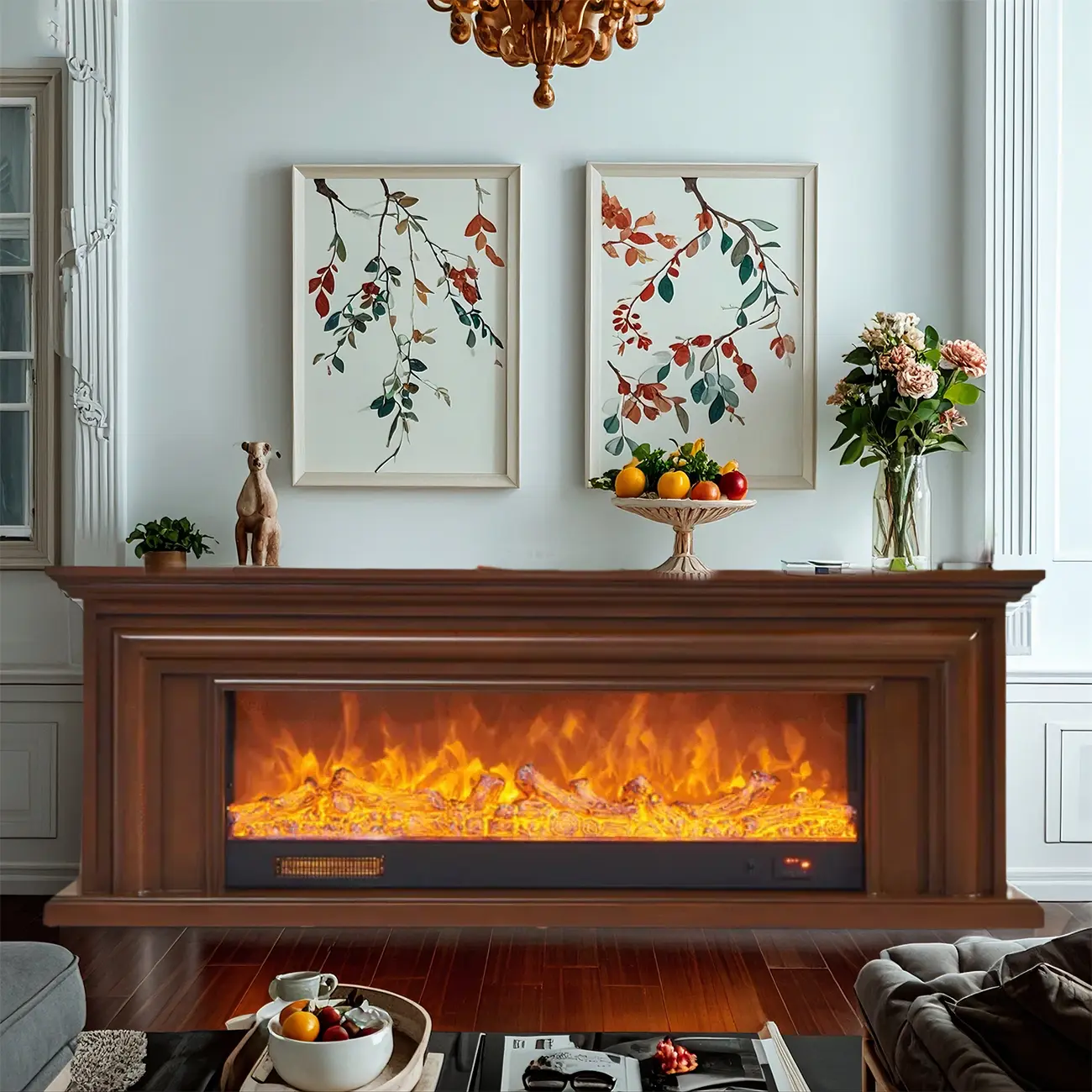 71 Rectangle Wood Brown Electric Fireplace TV Stand with Light