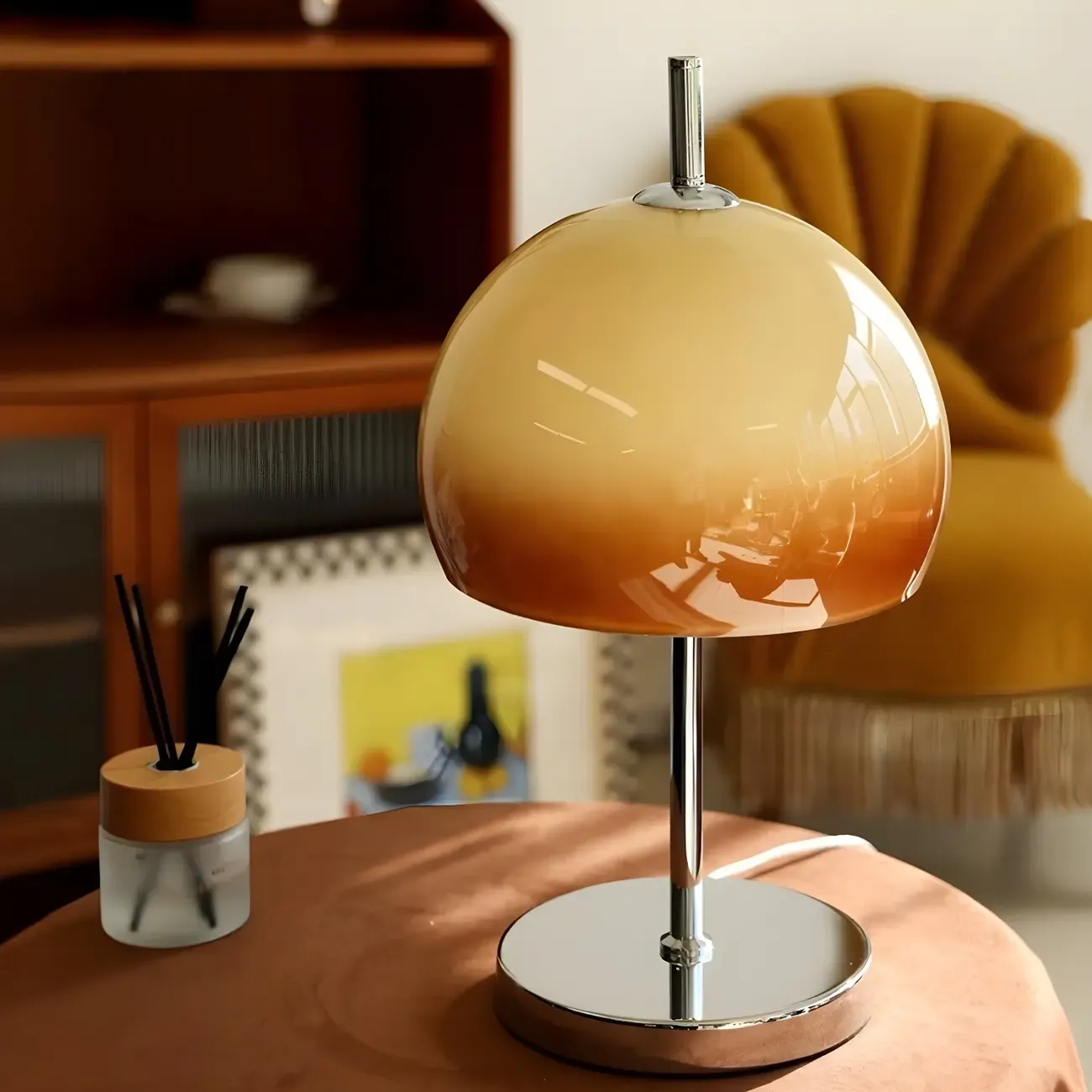 Caramel Gradient Glass Dome Table Lamp Stainless Steel Base