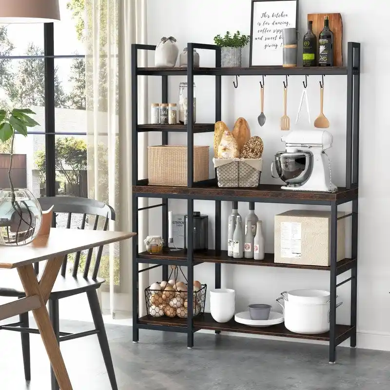 4-Tier Rustic Brown Bakers Rack with S-Shape Hooks