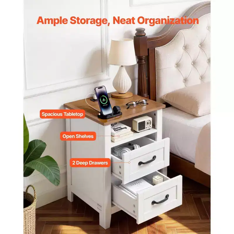Farmhouse Nightstands, with Charging Station, Set of 2, End Tables with 2 Drawers and Open Shelf