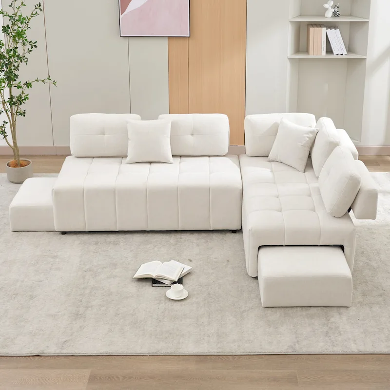 91.73  L-Shaped 4 Seater Sectional Sofa with 2 Hidden Stools, 2 Removable Lumbar Pillows, and Durable Chenille Upholstery