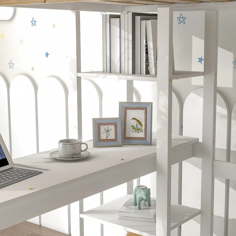Full Loft Bed with Desk ,Shelves and Ladder, Grey