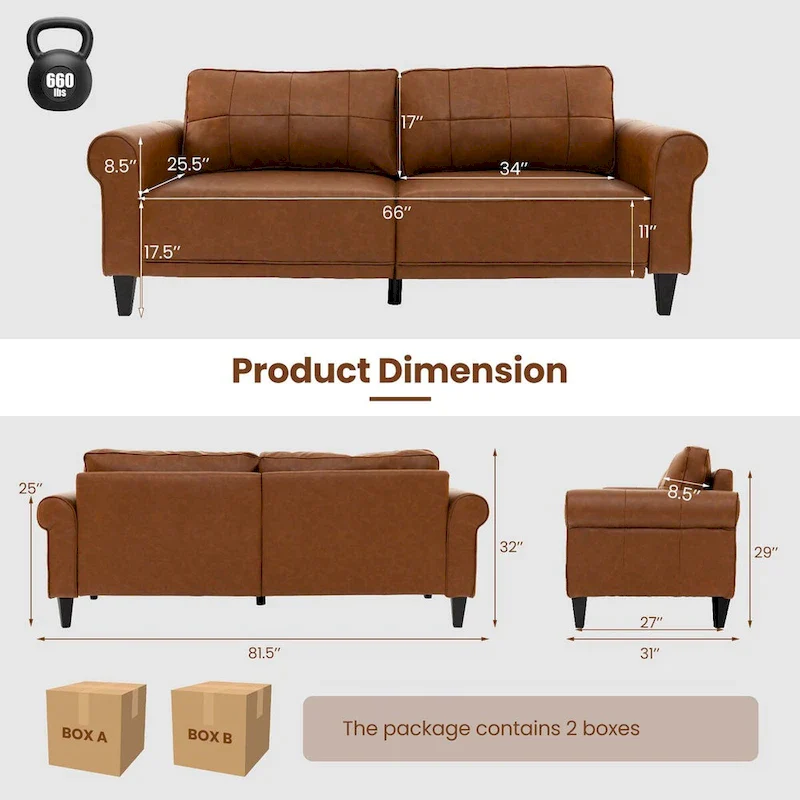 Costway Modern Sofa Couch PU Leather 81.5 3-Seater with 2 Back - See Details