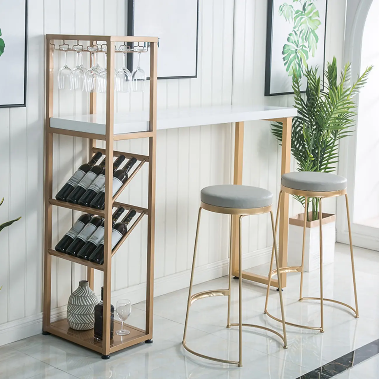 Glam White-Gold 2-Tier Shelves Bar Tables with Stemware Holders