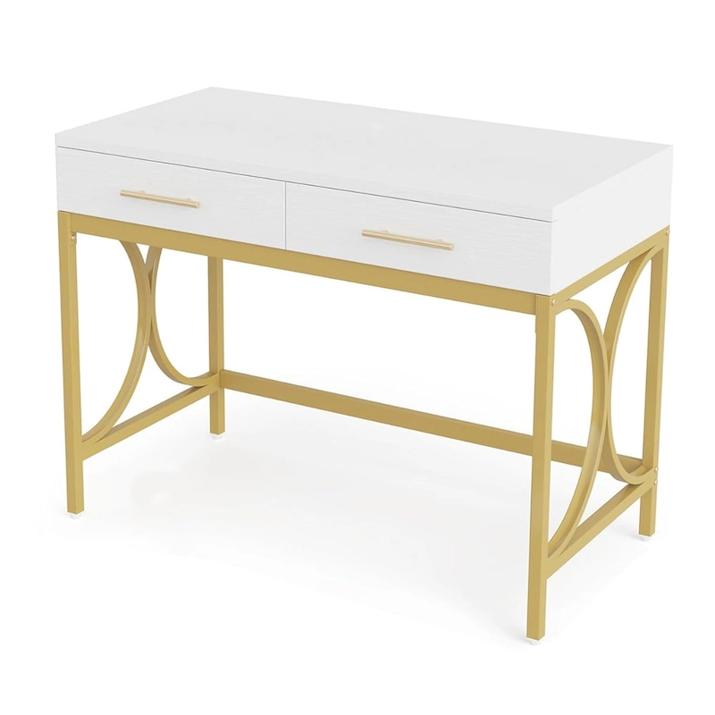 Computer Office Writing Desk, 41 Inch White Top, 2 Drawers, Gold Base