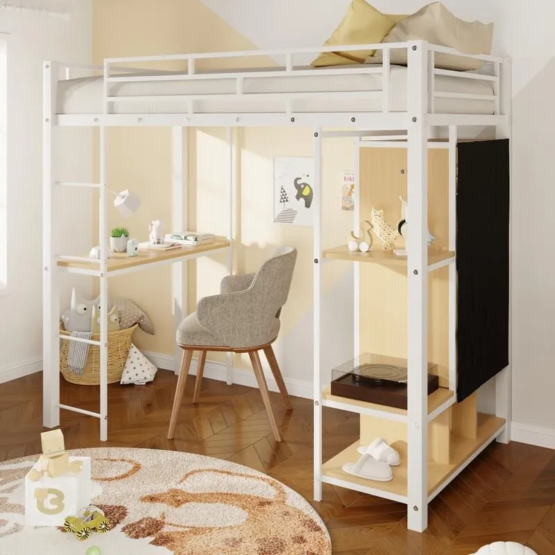 Twin Size Metal Loft Bed with Built-in Wardrobe, Desk and Shelves