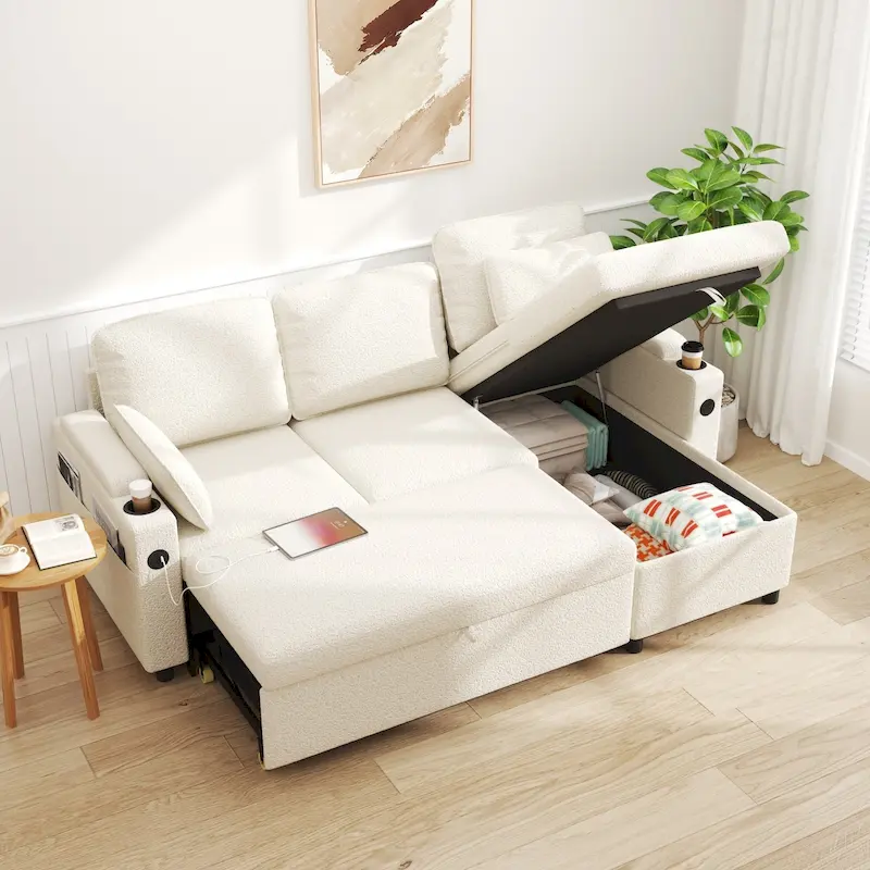 80 L-Shaped Sofa Couch Bed, Sofa Sleeper with Pull Out Bed, Reversible Sleeper Sofa Bed