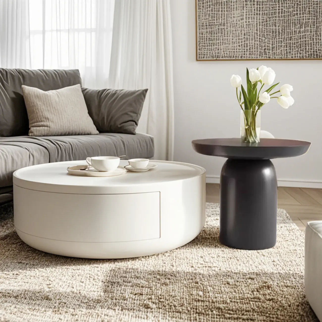 Modern Wood Black White Round Drawer Coffee Table