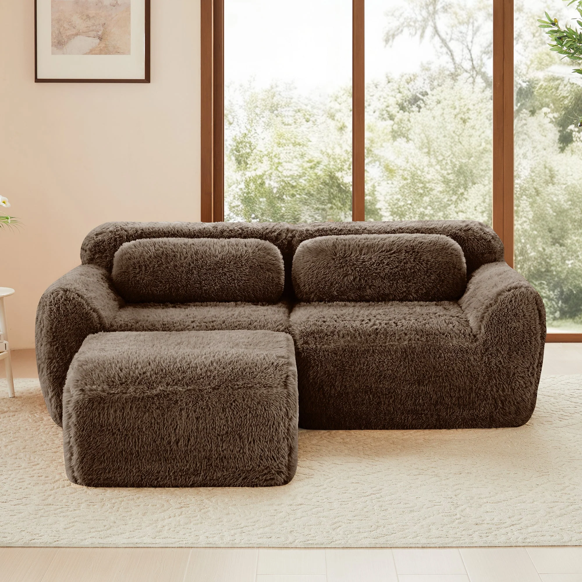 Soft Teddy Plush Ergonomic Design L-shaped Loveseat Sofa with Ottoman