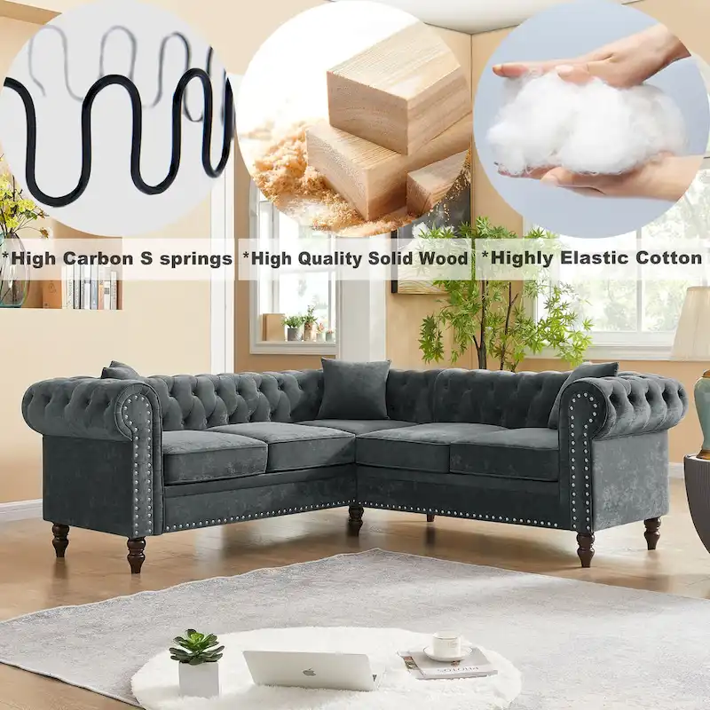 Deep Button Rolled Arm Classic Chesterfield L Shaped Sectional Sofa