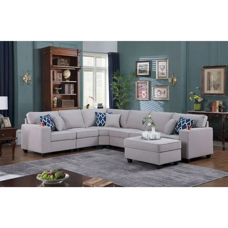 7 Piece Upholstered Reversible L-Shape Sectional Sofa in Light Gray