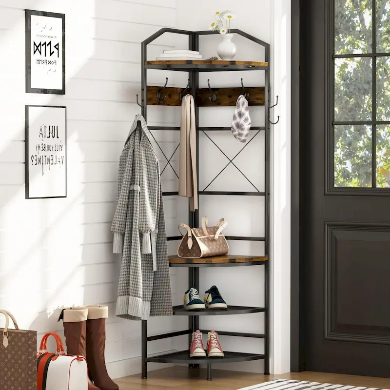 Corner Hall Tree with Shoe Storage,Entryway Coat Rack with 6 Double Hooks, Organizer Shoe Shelf for Entryway, Hallway, Bedroom