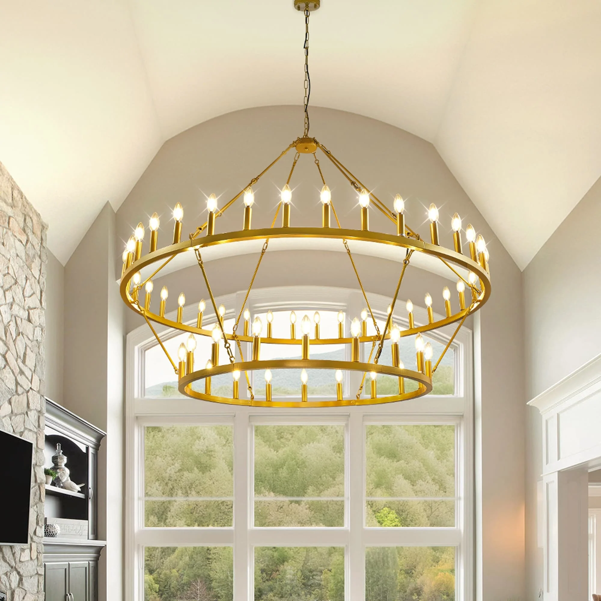 Modern Farmhouse Chandelier 2 Tier Round Wagon Wheel Chandelier Large High Ceiling Light.
