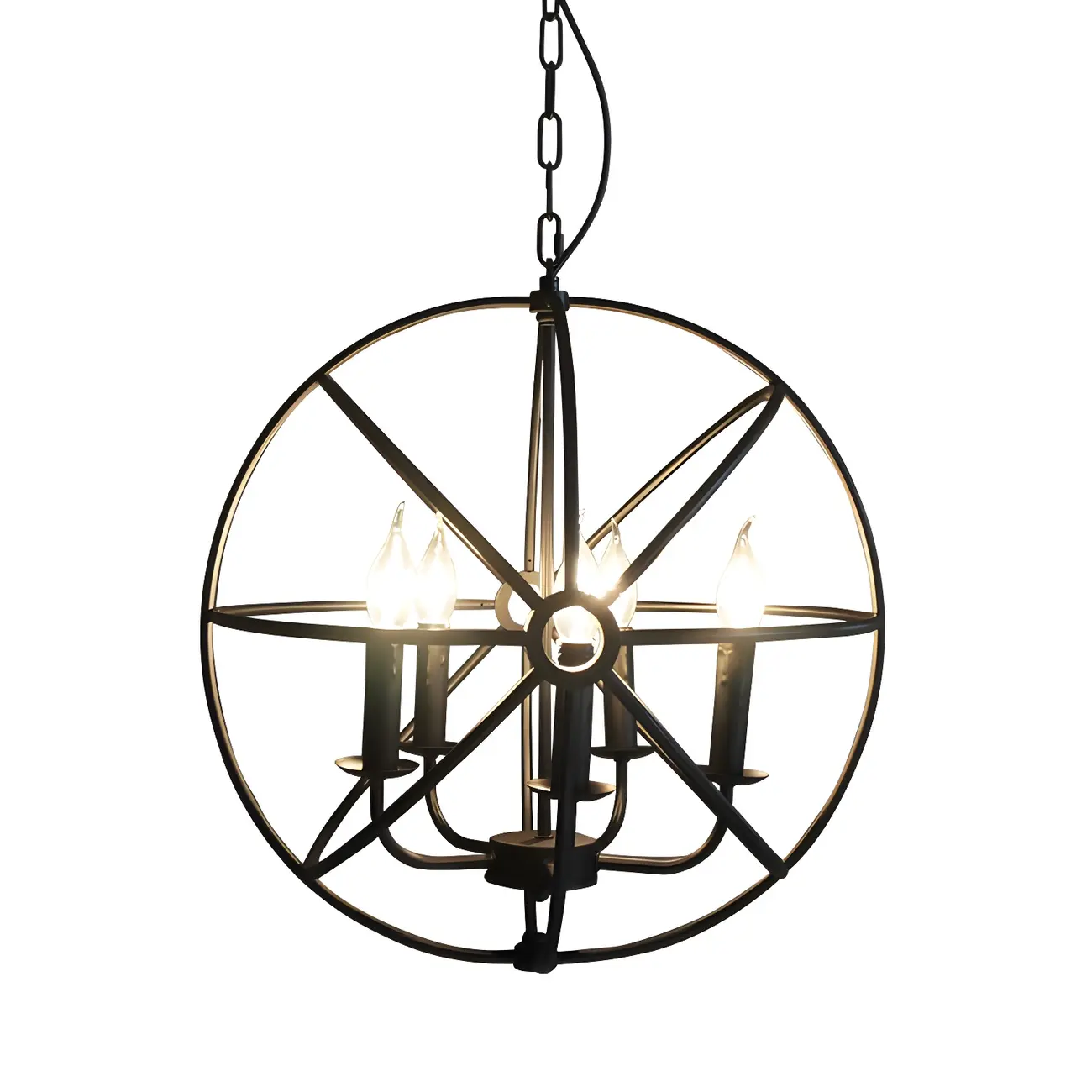 Industrial Black Metal Globe Caged Candelabra Chandelier