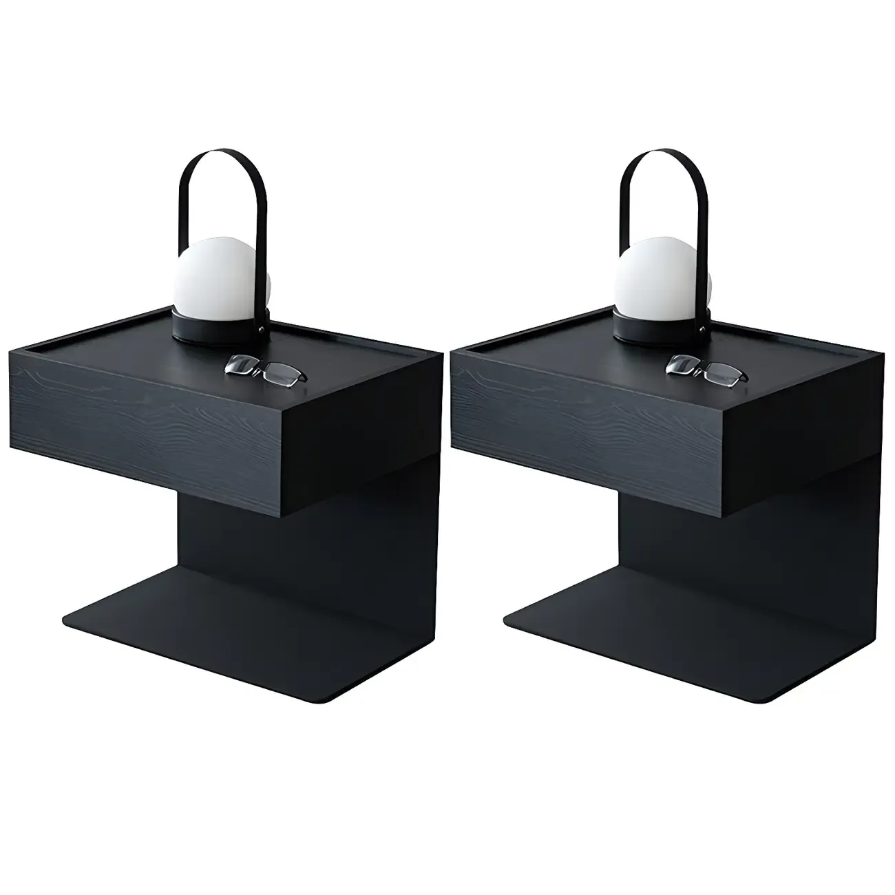 Black Steel Wood C-Shaped Drawer Nightstand with Light