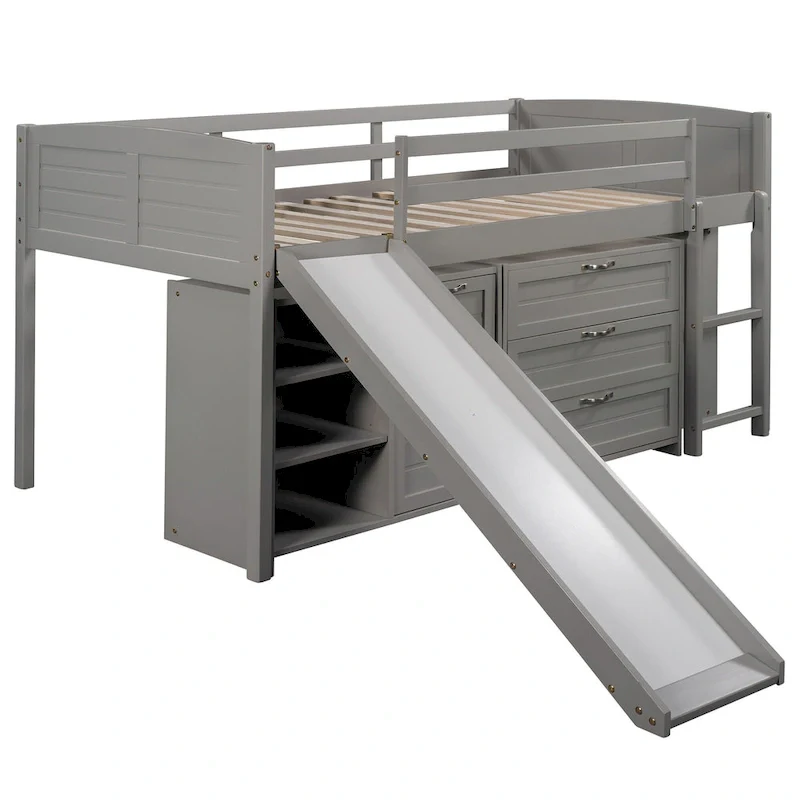 Low Twin Size Loft Bed with Cabinets, Shelves and Slide - Espresso