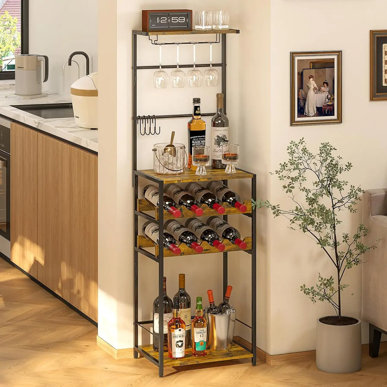 5-Tier Freestanding Wine Rack with Glass Holders and Hooks
