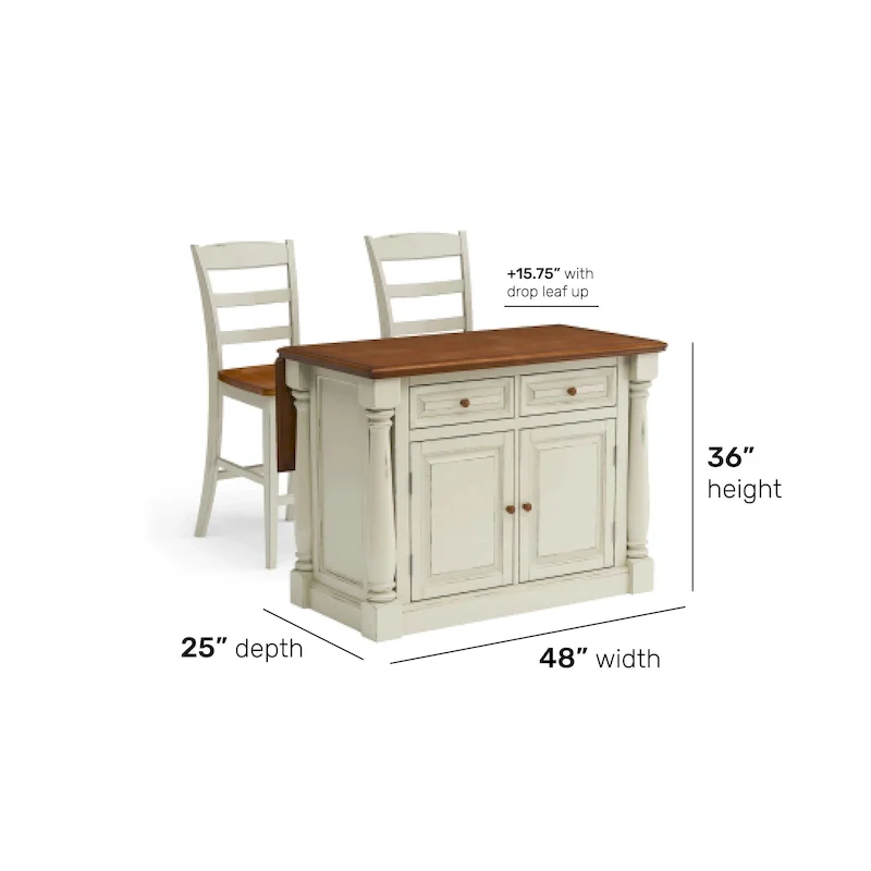 3-Piece Off-White Wood Kitchen Island Set with Drop Leaf Wood Top - 48' x 25' x 36'